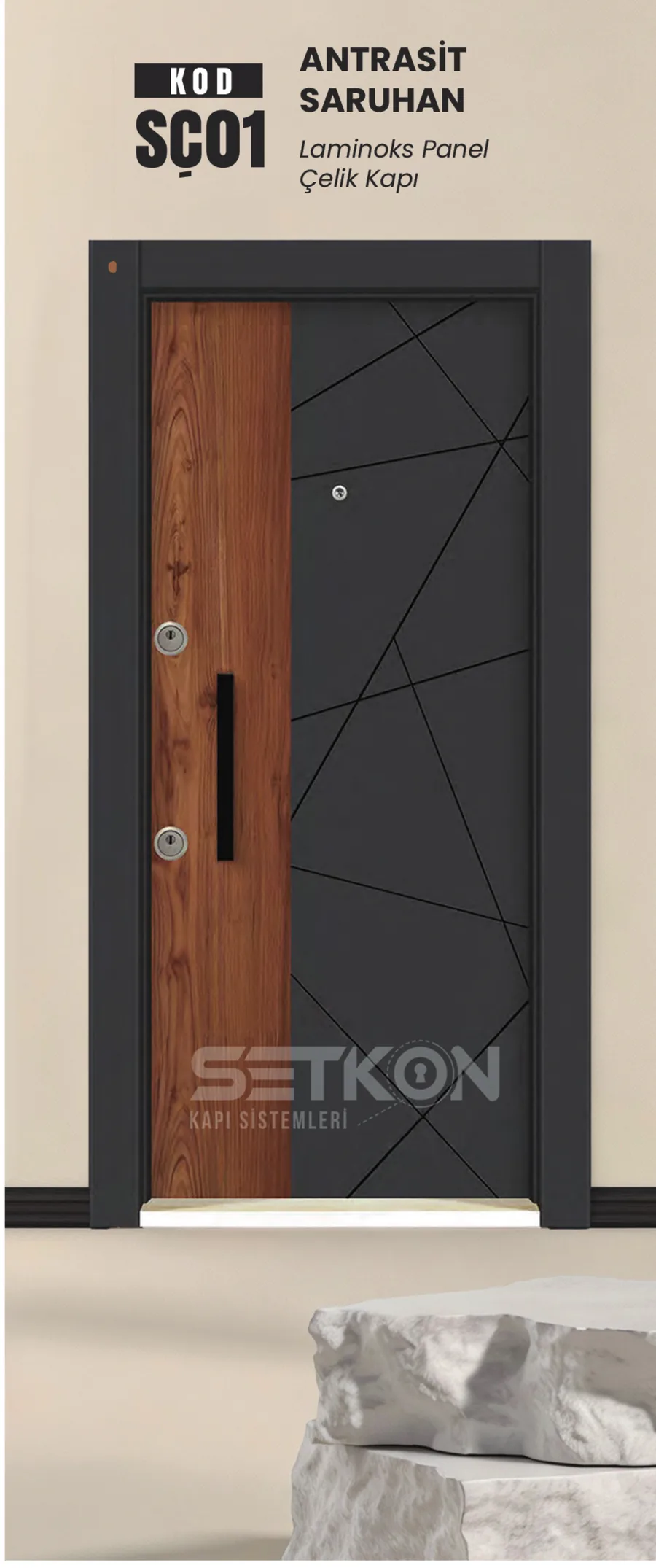 SC01 - Antrasit Saruhan Stoklu Çelik Kapı (Laminoks Panel)